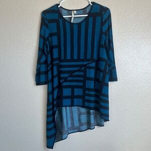 Comfy USA Blue Black Geometric Asymmetrical Tunic Top M726P Small Made in USA